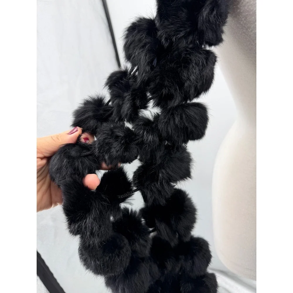 Unbranded Pom Pom Scarf Womens OS Black Genuine Rabbit Fur Tiered Long Scarf